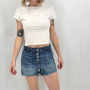 We the Free Women's Denim Cutoff Shorts 25 Raw Hem Distress Button Fly Blue Jean